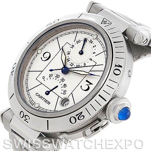 The image shows a Cartier Pasha W31037H3 Men
s Stainless Steel Silver Dial W31037H3 Men
s Stainless Steel Silver Dial watch at a slight angle displaying the face, bezel, crown, pushers, and part of the bracelet.