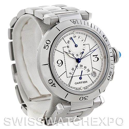 This image shows a Cartier Pasha W31037H3 Men
s Stainless Steel Silver Dial W31037H3 Men
s Stainless Steel Silver Dial watch at a three-quarter angle, highlighting the dial, bezel, crown, and metal bracelet.