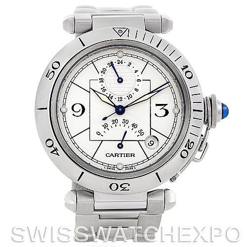 The image displays a Cartier Pasha W31037H3 Men
s Stainless Steel Silver Dial W31037H3 Men
s Stainless Steel Silver Dial watch from a front angle, showcasing its dial, bezel, crown, and bracelet.