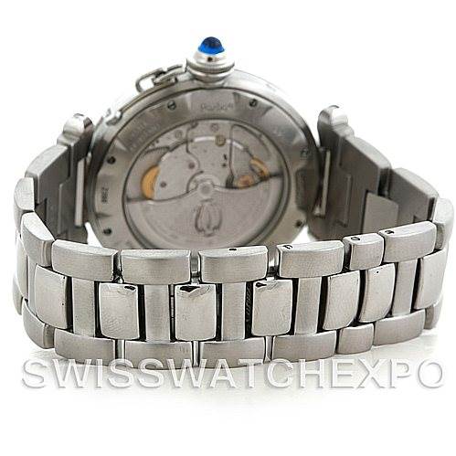 This image shows the back view of the Cartier Pasha W31037H3 Men
s Stainless Steel Silver Dial W31037H3 Men
s Stainless Steel Silver Dial watch, highlighting its metal bracelet and visible mechanical movement through the case back.