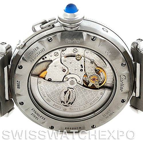 This image shows the back view of the Cartier Pasha W31037H3 Men
s Stainless Steel Silver Dial W31037H3 Men
s Stainless Steel Silver Dial watch, highlighting its movement and inner mechanisms.