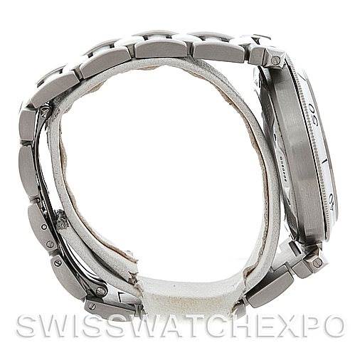 The image shows a side view of the Pasha watch by Cartier, highlighting the strap, bezel, and part of the case.