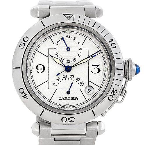 The image shows a front view of the Cartier Pasha W31037H3 Men
s Stainless Steel Silver Dial W31037H3 Men
s Stainless Steel Silver Dial watch, displaying its face and bracelet.