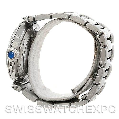 The image shows a side angle of the Cartier Pasha W31037H3 Men
s Stainless Steel Silver Dial W31037H3 Men
s Stainless Steel Silver Dial watch, highlighting the crown, case back, and part of the metal bracelet.