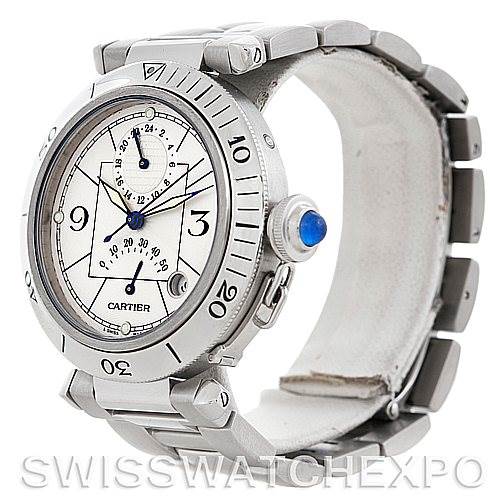 The image shows a Cartier Pasha W31037H3 Men
s Stainless Steel Silver Dial W31037H3 Men
s Stainless Steel Silver Dial watch from an angled side view, highlighting the bezel, crown, and part of the bracelet.