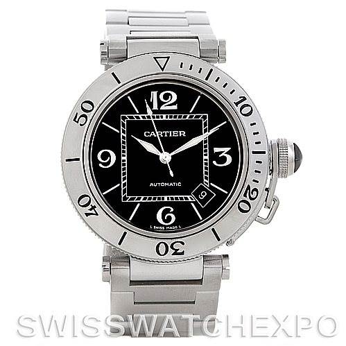 The image shows a front view of the Cartier Pasha W31077M7 Men
s Stainless Steel Black Dial W31077M7 Men
s Stainless Steel Black Dial watch, highlighting its face, bezel, and bracelet.