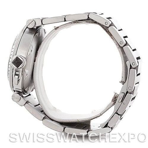 This side-view image of the Cartier Pasha W31077M7 Men
s Stainless Steel Black Dial W31077M7 Men
s Stainless Steel Black Dial watch shows the case, the crown, and the metal bracelet.