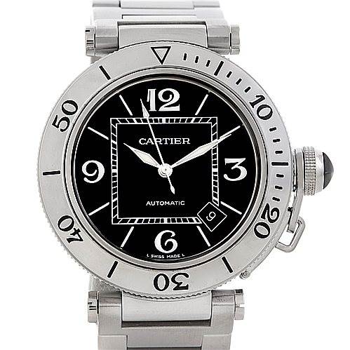 This image shows a frontal view of the Cartier Pasha W31077M7 Men
s Stainless Steel Black Dial W31077M7 Men
s Stainless Steel Black Dial watch, highlighting its face, bezel, and part of the strap.