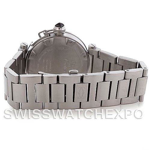 The image shows the back case and bracelet of the Cartier Pasha W31077M7 Men
s Stainless Steel Black Dial W31077M7 Men
s Stainless Steel Black Dial watch, taken from a rear angle.