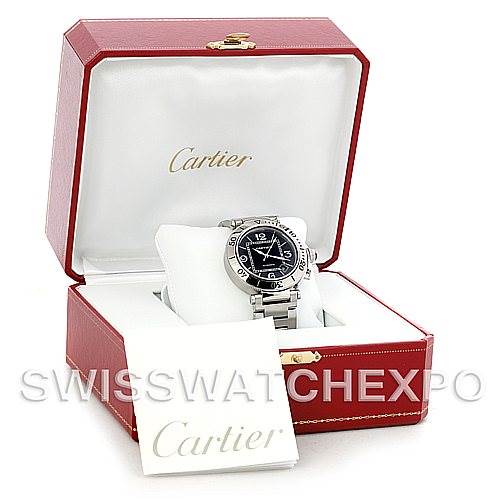 The image shows a Cartier Pasha W31077M7 Men
s Stainless Steel Black Dial W31077M7 Men
s Stainless Steel Black Dial watch in an open red presentation box with a white interior, and a booklet positioned in front.