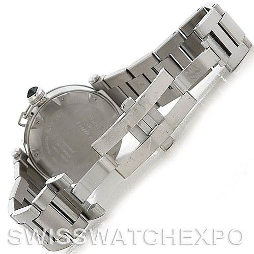 The image shows the back case and bracelet of a Cartier Pasha W31077M7 Men
s Stainless Steel Black Dial W31077M7 Men
s Stainless Steel Black Dial watch, including the folding clasp and link details.