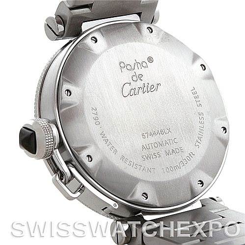 This image shows the back case of a Cartier Pasha W31077M7 Men
s Stainless Steel Black Dial W31077M7 Men
s Stainless Steel Black Dial model watch, highlighting its stainless steel construction and engravings.