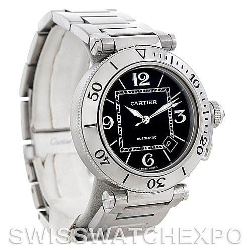 This image shows a frontal view of the Cartier Pasha W31077M7 Men
s Stainless Steel Black Dial W31077M7 Men
s Stainless Steel Black Dial watch, highlighting its round bezel, black dial, and metal bracelet.