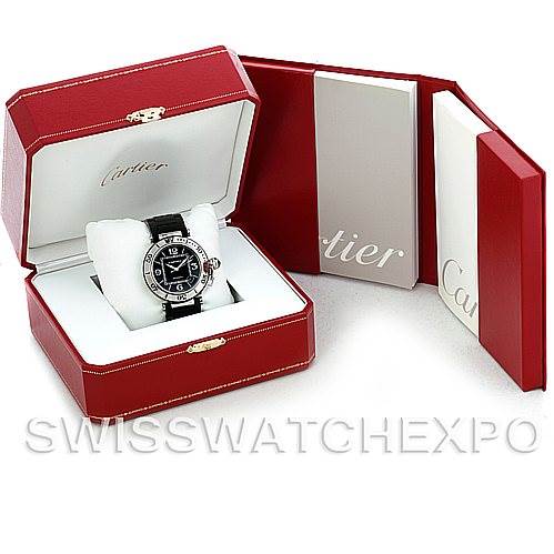 The image shows a Cartier Pasha W31077U2 Men's Stainless Steel Black Dial W31077U2 Men's Stainless Steel Black Dial watch in its open red box along with accompanying booklets.
