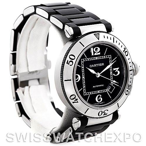 The image shows a side-angle view of the Cartier Pasha W31077U2 Men's Stainless Steel Black Dial W31077U2 Men's Stainless Steel Black Dial model watch, highlighting its band, face, and bezel.