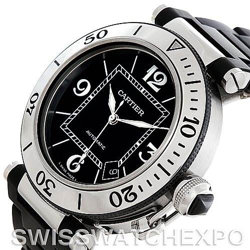 This image shows a Cartier Pasha W31077U2 Men's Stainless Steel Black Dial W31077U2 Men's Stainless Steel Black Dial watch at a slight side angle, highlighting its black dial, bezel, crown, and distinctive rubber strap.