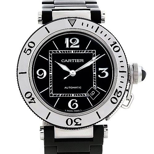 The Cartier Pasha W31077U2 Men's Stainless Steel Black Dial W31077U2 Men's Stainless Steel Black Dial watch is shown from a front angle, displaying the dial, bezel, and crown.