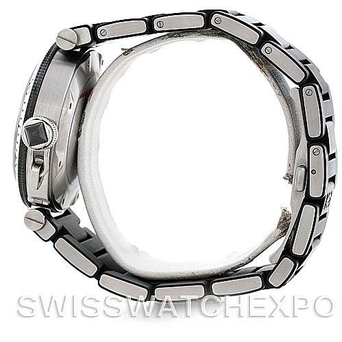 This image shows a side profile of the Cartier Pasha W31077U2 Men's Stainless Steel Black Dial W31077U2 Men's Stainless Steel Black Dial model watch, highlighting the case, crown, and bracelet.