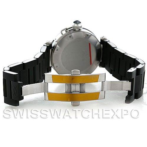 The image shows the rear view of a Cartier Pasha W31077U2 Men's Stainless Steel Black Dial W31077U2 Men's Stainless Steel Black Dial model watch, focusing on its open clasp and black metal bracelet.