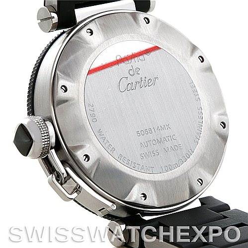 The image shows the back case of a Cartier Pasha W31077U2 Men's Stainless Steel Black Dial W31077U2 Men's Stainless Steel Black Dial watch, highlighting the engraved details and screw-down crown.