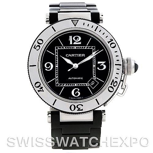 The image shows a front view of the Cartier Pasha W31077U2 Men's Stainless Steel Black Dial W31077U2 Men's Stainless Steel Black Dial watch, displaying its black dial, bezel, and strap.