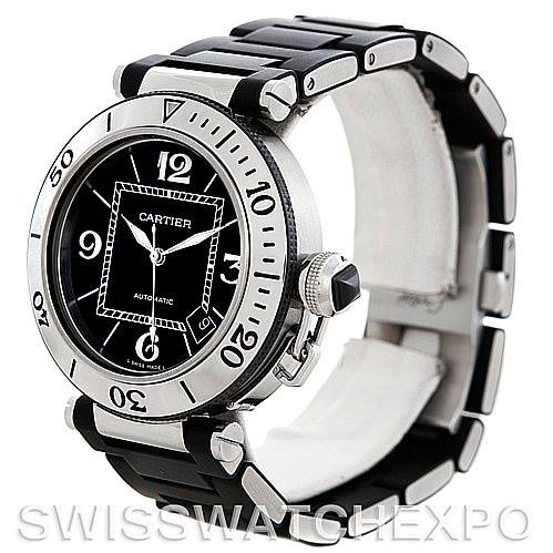 The image shows a Cartier Pasha W31077U2 Men's Stainless Steel Black Dial W31077U2 Men's Stainless Steel Black Dial watch at a 3/4 angle, highlighting the black dial, bezel, crown, and bracelet.