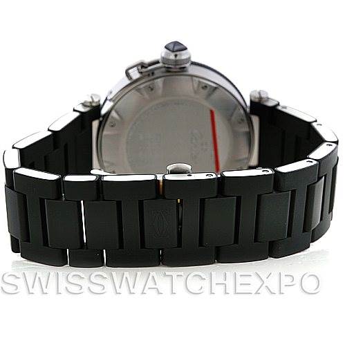 This image shows the back view of a Cartier Pasha W31077U2 Men's Stainless Steel Black Dial W31077U2 Men's Stainless Steel Black Dial watch, highlighting its black bracelet and case back details.
