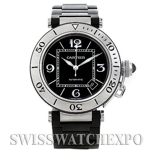 The image shows a frontal view of a Cartier Pasha W31077U2 Men
s Stainless Steel Black Dial W31077U2 Men
s Stainless Steel Black Dial model watch, displaying its face, bezel, and bracelet.
