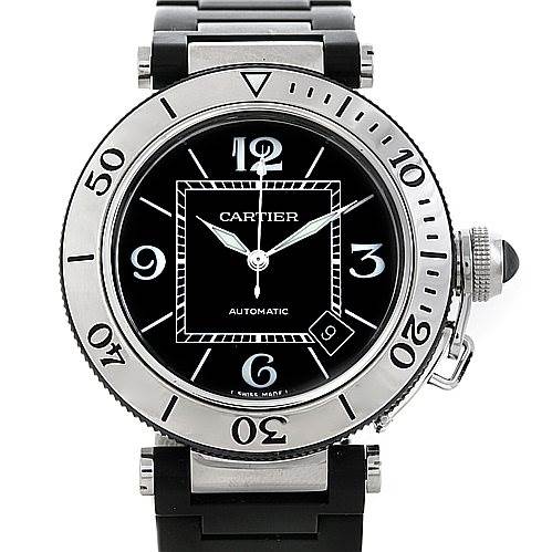 The image shows a front view of the Cartier Pasha W31077U2 Men
s Stainless Steel Black Dial W31077U2 Men
s Stainless Steel Black Dial model watch, highlighting its dial, bezel, and crown.