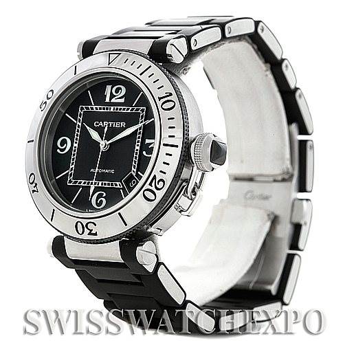 This image shows a side angle view of a Cartier Pasha W31077U2 Men
s Stainless Steel Black Dial W31077U2 Men
s Stainless Steel Black Dial watch, detailing the face, bezel, crown, and part of the bracelet.