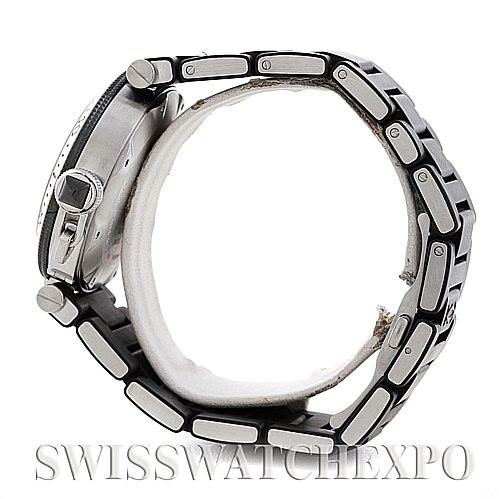 This image shows a side profile of the Cartier Pasha W31077U2 Men
s Stainless Steel Black Dial W31077U2 Men
s Stainless Steel Black Dial watch, highlighting its metal bracelet and case.