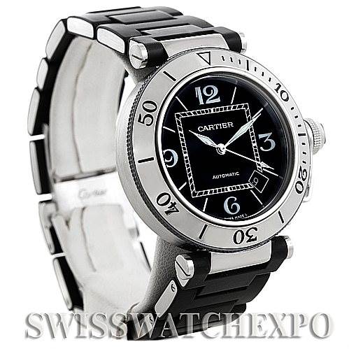 The image shows a Cartier Pasha W31077U2 Men
s Stainless Steel Black Dial W31077U2 Men
s Stainless Steel Black Dial model watch at an angle highlighting the dial, bezel, and bracelet.