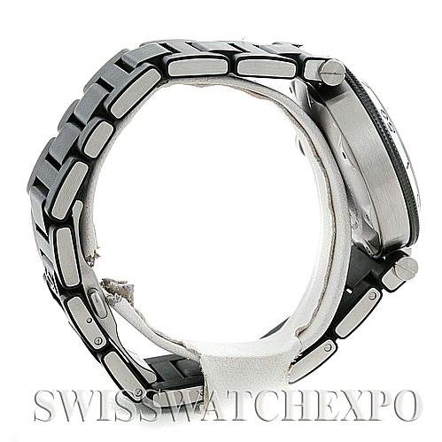 The image shows a side view of the Cartier Pasha W31077U2 Men
s Stainless Steel Black Dial W31077U2 Men
s Stainless Steel Black Dial watch, displaying the bracelet, case, and crown.