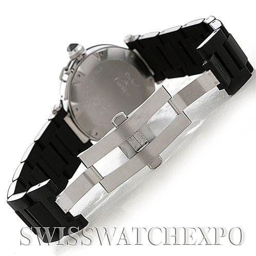 The image shows the back view and clasp of the Cartier Pasha W31077U2 Men
s Stainless Steel Black Dial W31077U2 Men
s Stainless Steel Black Dial watch, highlighting the black strap and silver deployment clasp.