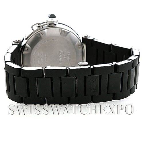 This image shows the back of a Cartier Pasha W31077U2 Men
s Stainless Steel Black Dial W31077U2 Men
s Stainless Steel Black Dial watch, focusing on the case back and black strap.