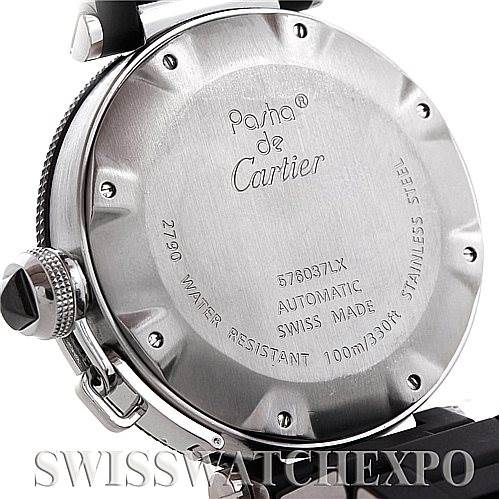 The image shows the back case of a Cartier Pasha W31077U2 Men
s Stainless Steel Black Dial W31077U2 Men
s Stainless Steel Black Dial watch, highlighting the brand, model, water resistance, and material details.