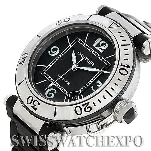 The image shows a Cartier Pasha W31077U2 Men
s Stainless Steel Black Dial W31077U2 Men
s Stainless Steel Black Dial watch from an angled top view, highlighting its bezel, dial, crown, and strap attachment points.