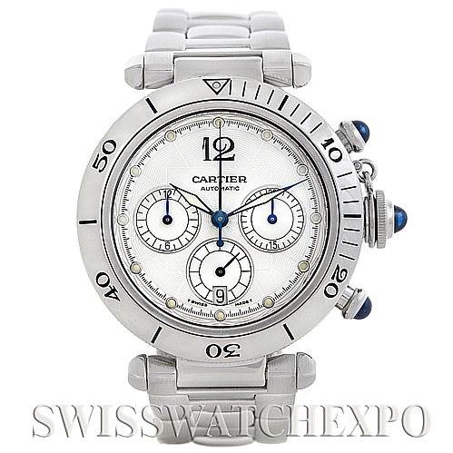 The Cartier Pasha W31030H3 Men's Stainless Steel Silver Dial W31030H3 Men's Stainless Steel Silver Dial watch is shown from the front angle, displaying its face, bezel, and part of its bracelet.