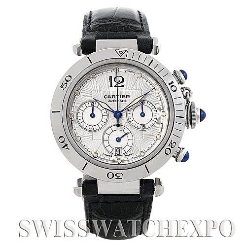 Front view of the Cartier Pasha W3103055 Men's Stainless Steel Silver Dial W3103055 Men's Stainless Steel Silver Dial watch showing the dial, bezel, subdials, crown, and leather strap.
