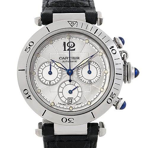 This image shows a front view of a Cartier Pasha W3103055 Men's Stainless Steel Silver Dial W3103055 Men's Stainless Steel Silver Dial watch, featuring the dial, bezel, crown, and push-buttons with blue accents.