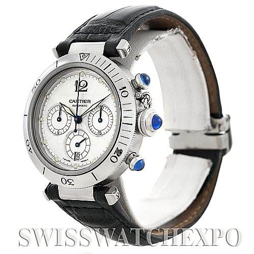 This image shows a Cartier Pasha W3103055 Men's Stainless Steel Silver Dial W3103055 Men's Stainless Steel Silver Dial watch at a slight angle displaying the dial, bezel, crown, chronograph pushers, and leather strap.