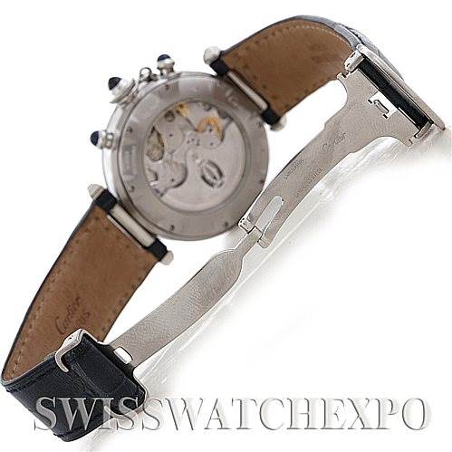 The image shows the back view of a Cartier Pasha W3103055 Men's Stainless Steel Silver Dial W3103055 Men's Stainless Steel Silver Dial watch, highlighting its exposed movement and open leather strap with deployment clasp.