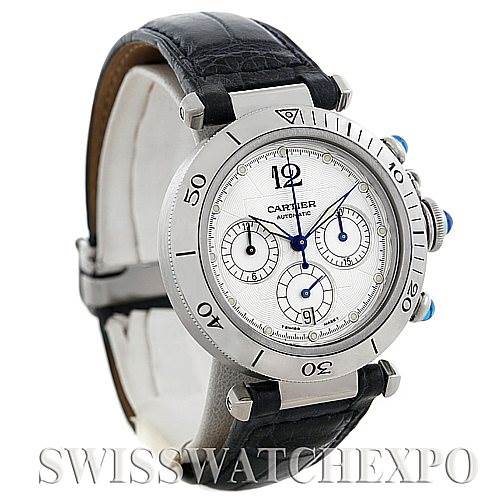 This image shows a Cartier Pasha W3103055 Men's Stainless Steel Silver Dial W3103055 Men's Stainless Steel Silver Dial watch at an angled front view, displaying its dial, bezel, and leather strap.