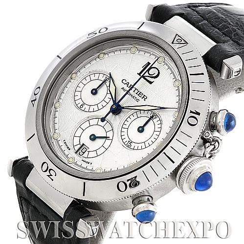 This image shows a Pasha model by Cartier from a front angle, highlighting the watch face, crown, subdials, and strap.