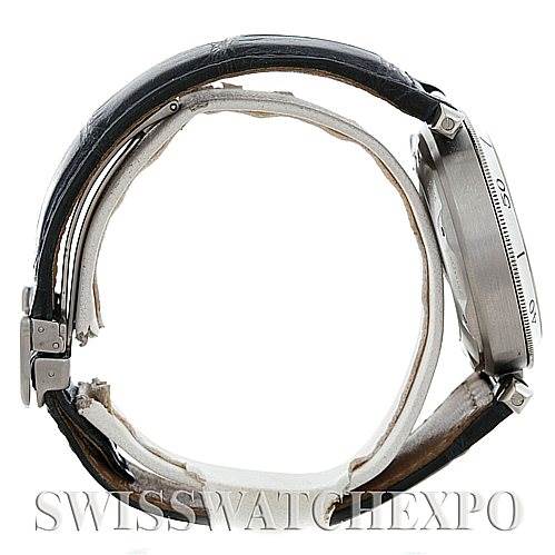 This image shows a Cartier Pasha W3103055 Men's Stainless Steel Silver Dial W3103055 Men's Stainless Steel Silver Dial watch from the side view, highlighting the strap, clasp, and case.