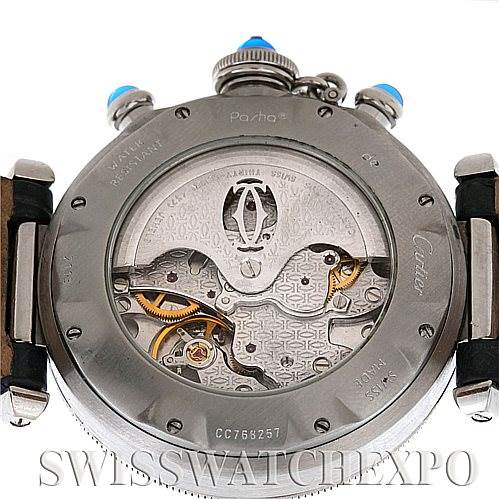 The image shows the back view of a Cartier Pasha W3103055 Men's Stainless Steel Silver Dial W3103055 Men's Stainless Steel Silver Dial watch, revealing the mechanical movement inside the case.