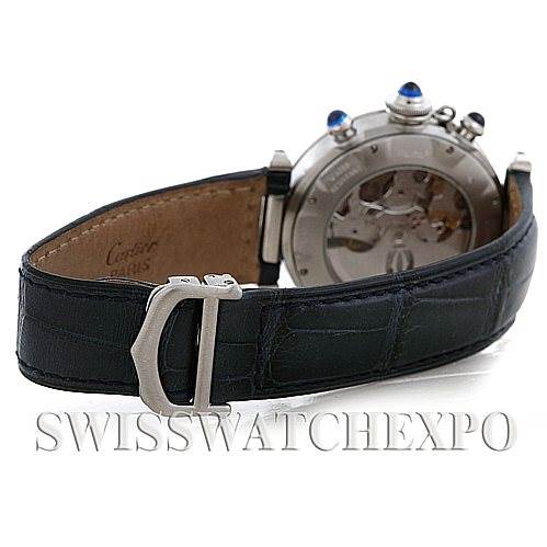 This image shows the back view of a Cartier Pasha W3103055 Men's Stainless Steel Silver Dial W3103055 Men's Stainless Steel Silver Dial watch, highlighting the leather strap, buckle, and case back.