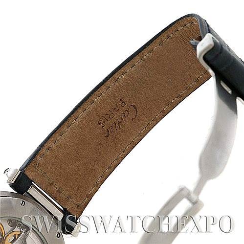 The image shows a close-up of the underside of the leather strap and clasp of a Cartier Pasha W3103055 Men's Stainless Steel Silver Dial W3103055 Men's Stainless Steel Silver Dial watch.