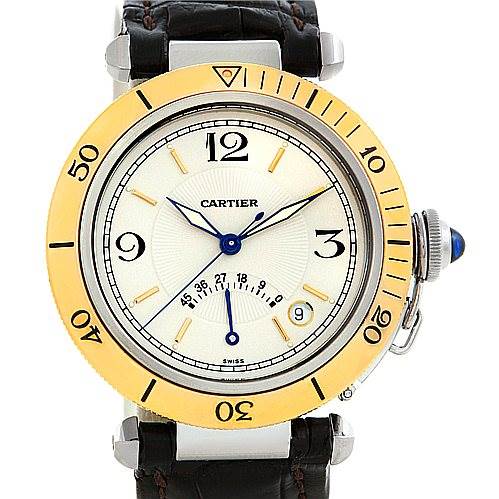 The Cartier Pasha W3101255 Men's Stainless Steel Silver Dial W3101255 Men's Stainless Steel Silver Dial watch is shown from the front, displaying the face, round bezel, crown, and part of the leather strap.