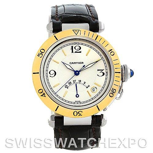 This image shows a front view of the Cartier Pasha W3101255 Men's Stainless Steel Silver Dial W3101255 Men's Stainless Steel Silver Dial watch, displaying its face, bezel, and strap.